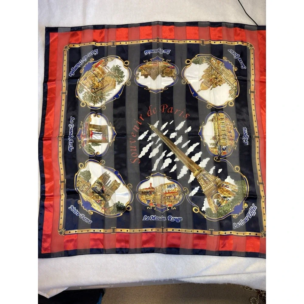 Vintage Paris Souvenir Square‎ Scarf Sheer French Eiffel Tower BOHO Preppy